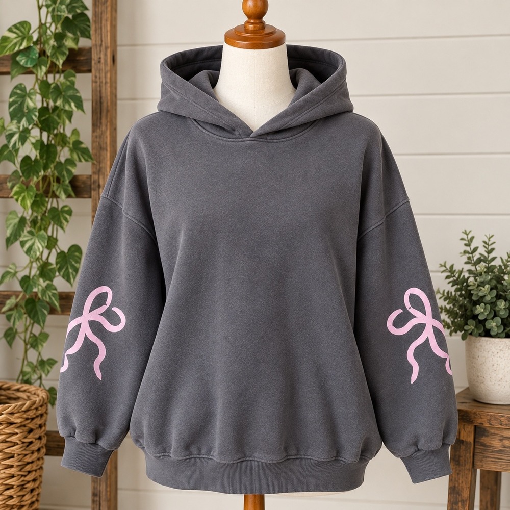 Edikted Charcoal Grey Pink Bow Sleeve Hoodie Oversized Pullover Sweatshirt S